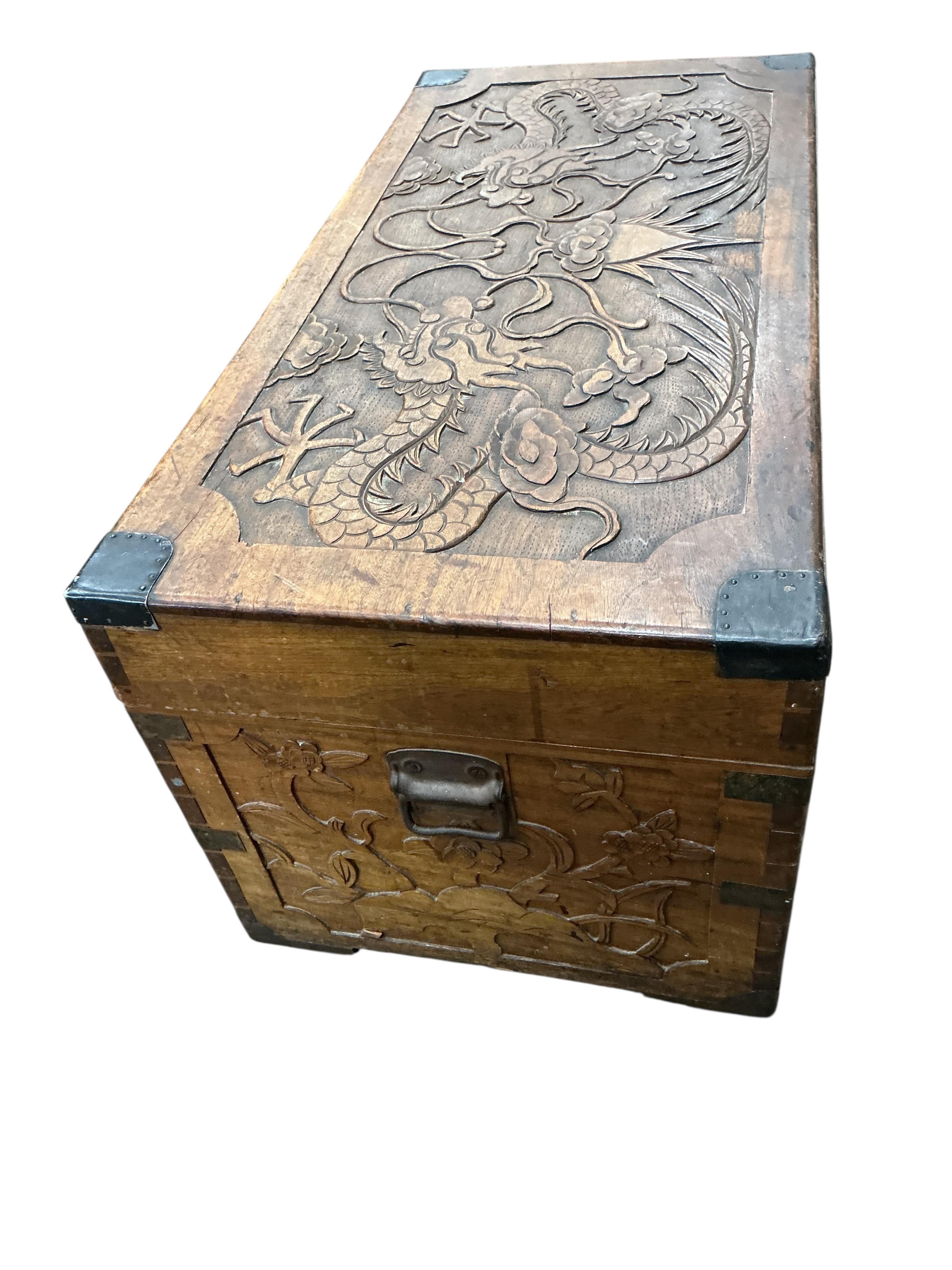 A Chinese carved hardwood ‘dragon’ trunk, width 98cm, depth 48cm, height 46cm